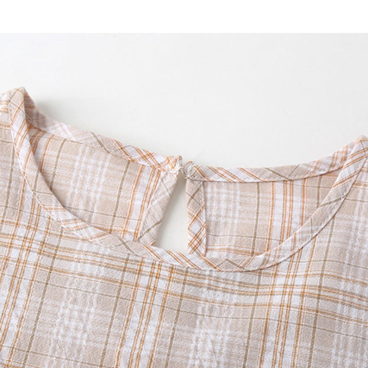 Girls Brown & White Checked Pure Cotton Top With Skirt