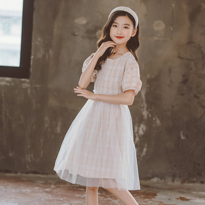 Girls Brown & White Checked Pure Cotton Top With Skirt