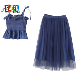Girls Blue Smocked Shoulder Strapped Pure Cotton Top with Skirt