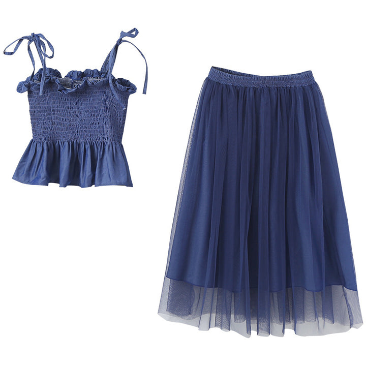 Girls Blue Smocked Shoulder Strapped Pure Cotton Top with Skirt