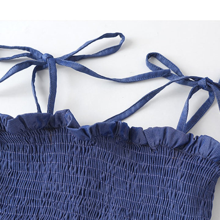 Girls Blue Smocked Shoulder Strapped Pure Cotton Top with Skirt