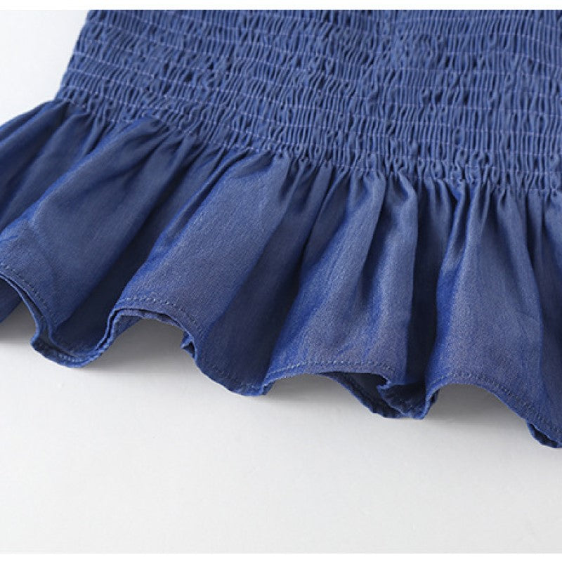 Girls Blue Smocked Shoulder Strapped Pure Cotton Top with Skirt