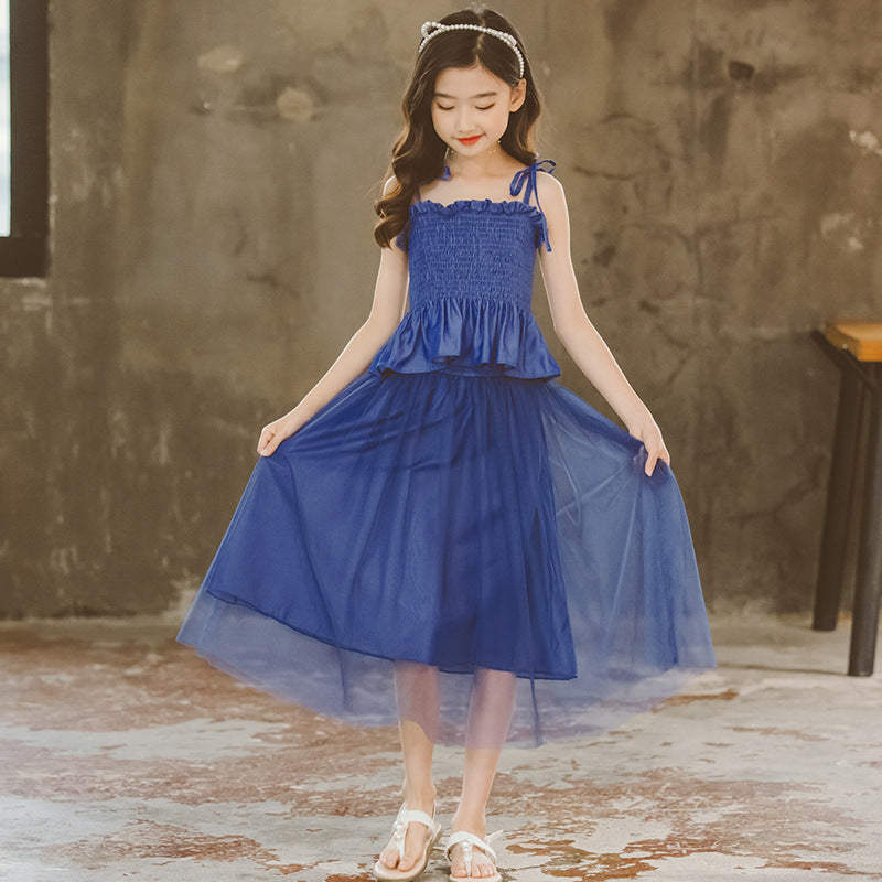 Girls Blue Smocked Shoulder Strapped Pure Cotton Top with Skirt