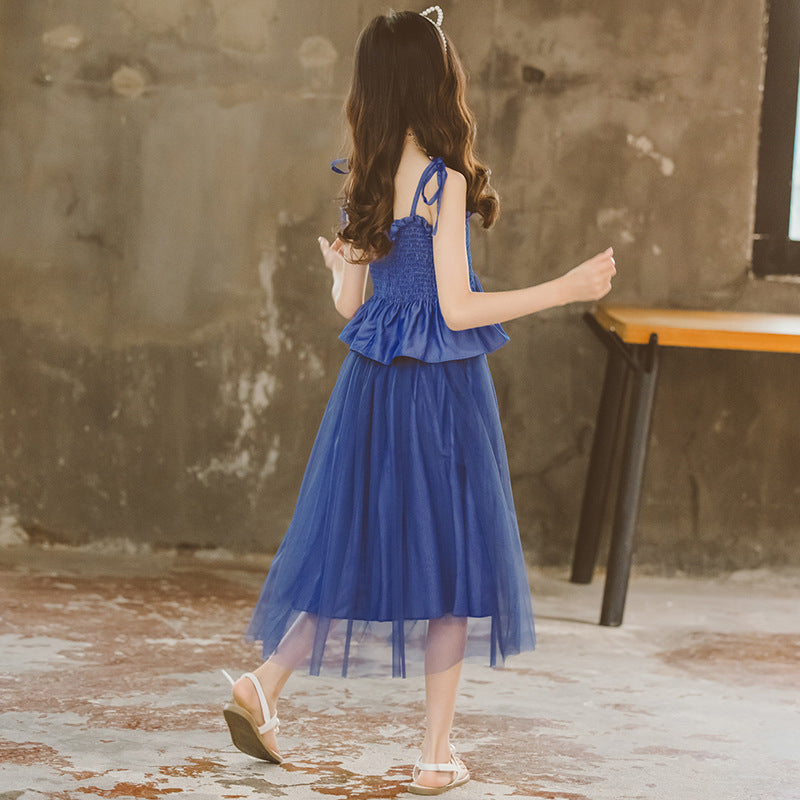 Girls Blue Smocked Shoulder Strapped Pure Cotton Top with Skirt