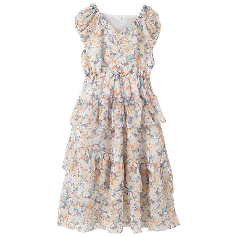 Girls Beige Floral Printed Layered Cotton Fit & Flare Midi Dress