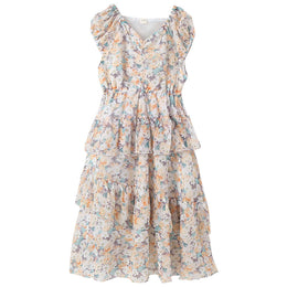 Girls Beige Floral Printed Layered Cotton Fit & Flare Midi Dress