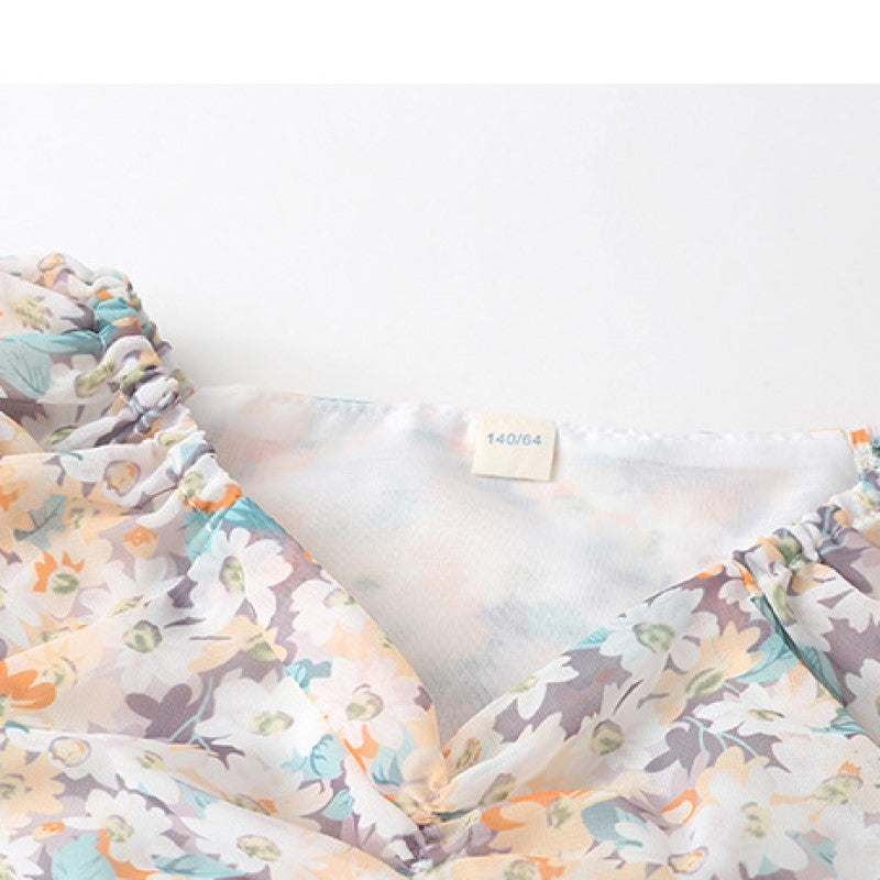Girls Beige Floral Printed Layered Cotton Fit & Flare Midi Dress