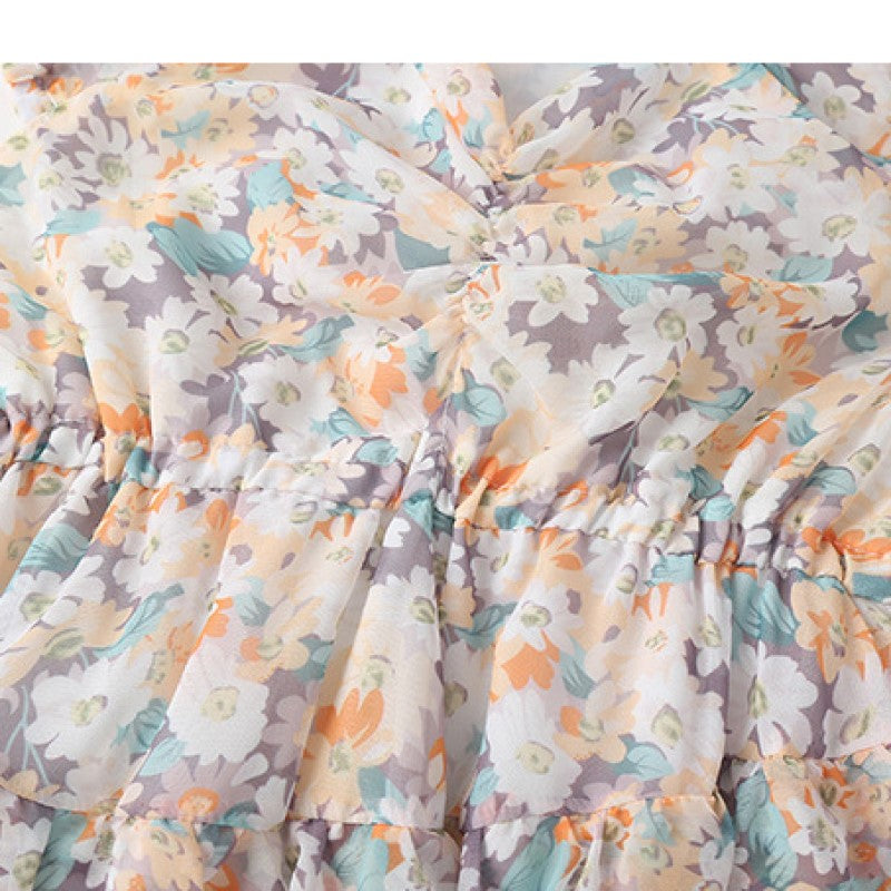 Girls Beige Floral Printed Layered Cotton Fit & Flare Midi Dress