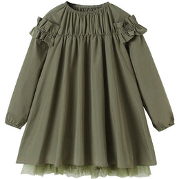 Green Puff Sleeve Layered Cotton A-Line Dress
