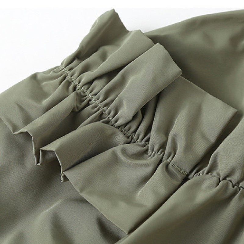 Green Puff Sleeve Layered Cotton A-Line Dress