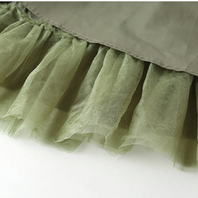 Green Puff Sleeve Layered Cotton A-Line Dress