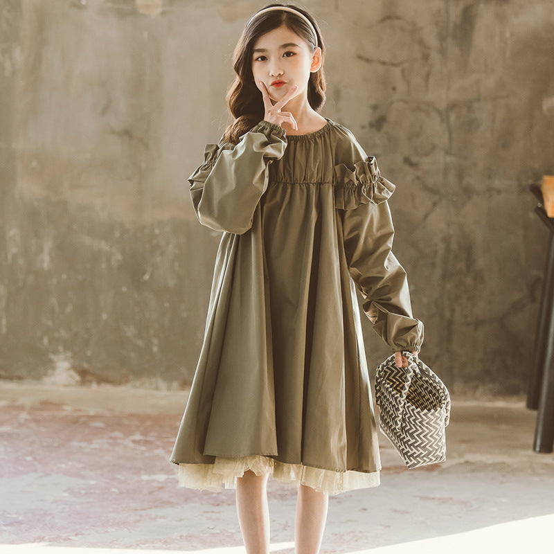 Green Puff Sleeve Layered Cotton A-Line Dress