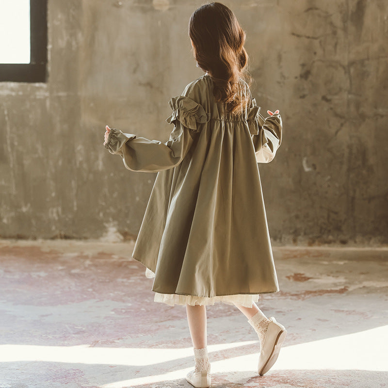 Green Puff Sleeve Layered Cotton A-Line Dress