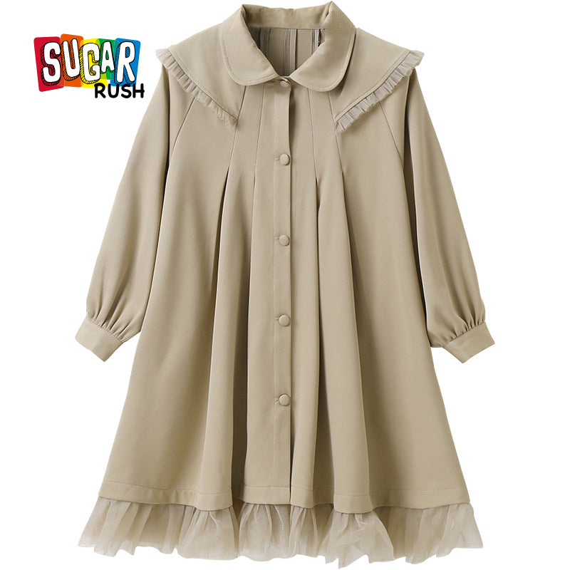 Girls Khaki Cuffed Sleeves Midi Shirt Dress