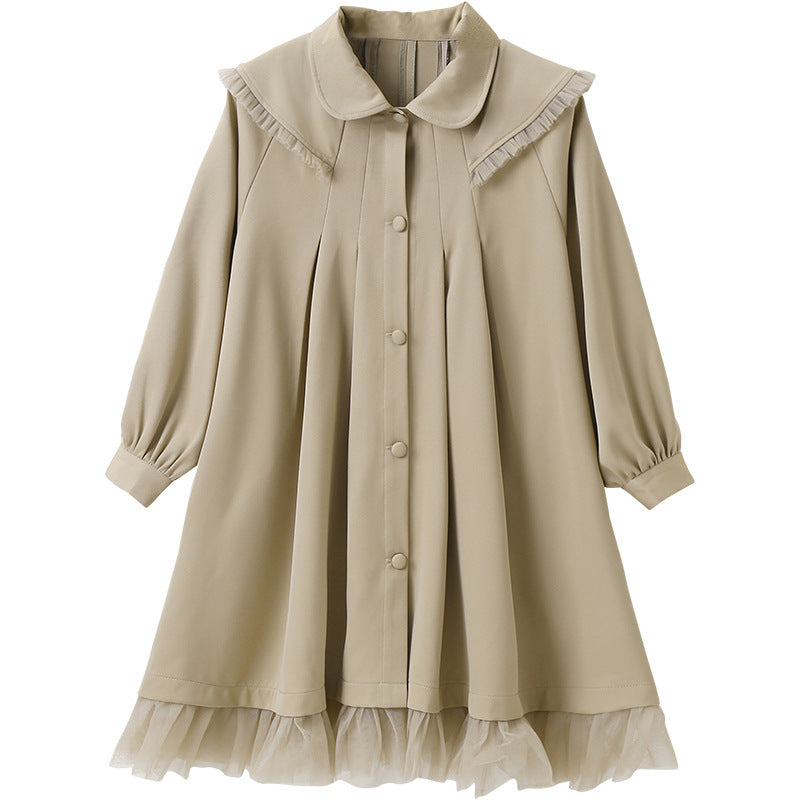Girls Khaki Cuffed Sleeves Midi Shirt Dress