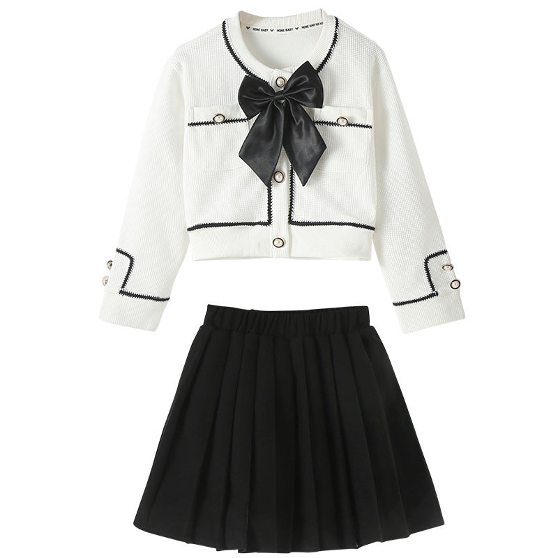 Girls White Self Designed Bow Detail Pure Cotton Top With Skirt