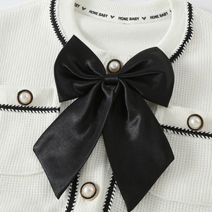 Girls White Self Designed Bow Detail Pure Cotton Top With Skirt