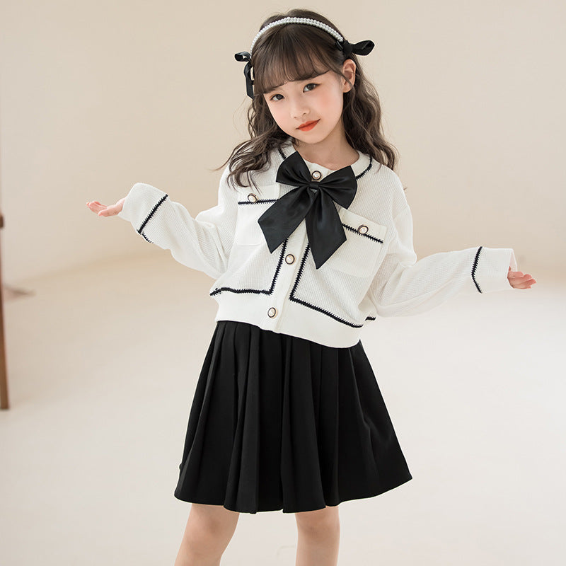 Girls White Self Designed Bow Detail Pure Cotton Top With Skirt