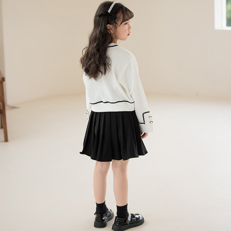 Girls White Self Designed Bow Detail Pure Cotton Top With Skirt