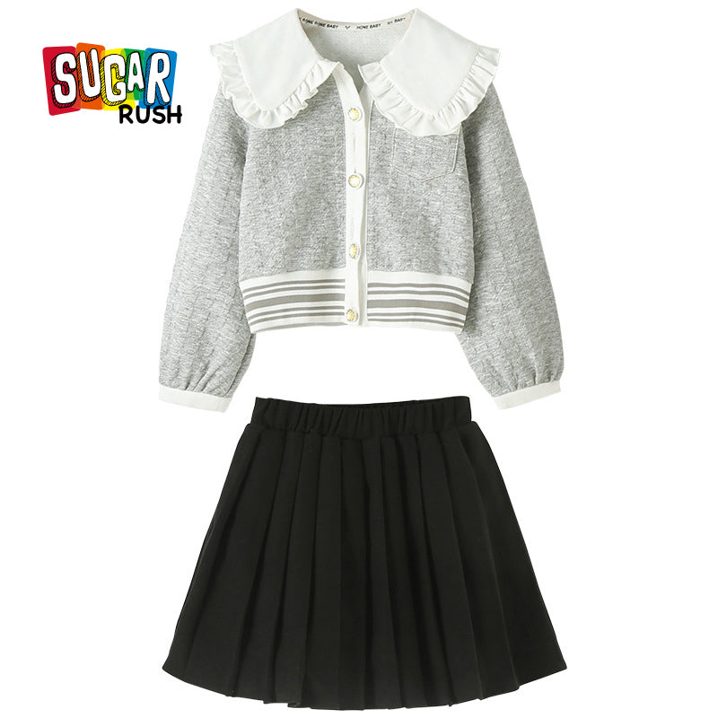 Girls Grey Colourblocked Cotton Top with Skirt