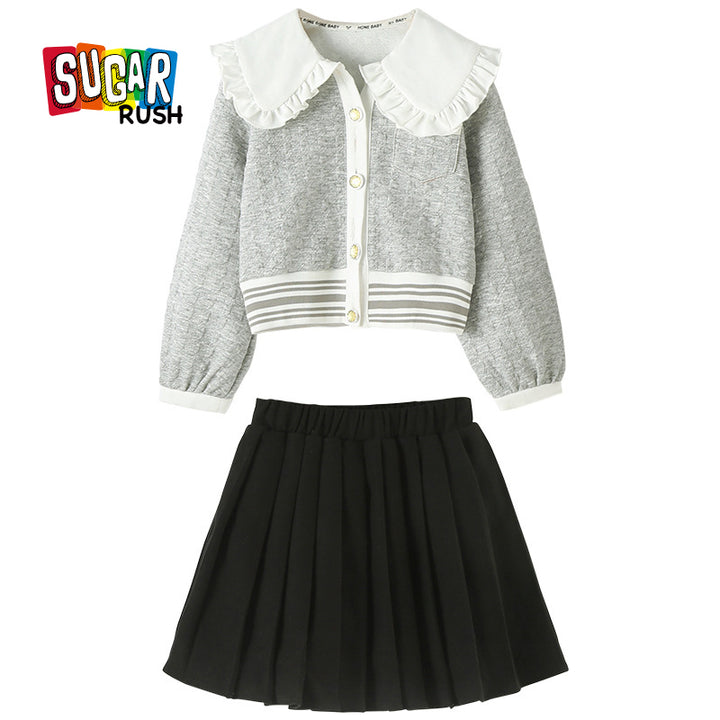 Girls Grey Colourblocked Cotton Top with Skirt