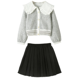 Girls Grey Colourblocked Cotton Top with Skirt