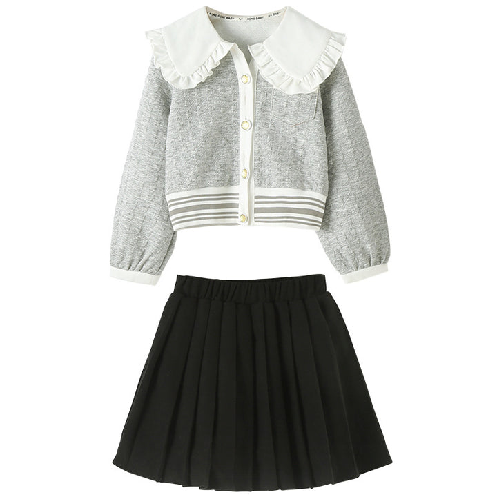 Girls Grey Colourblocked Cotton Top with Skirt