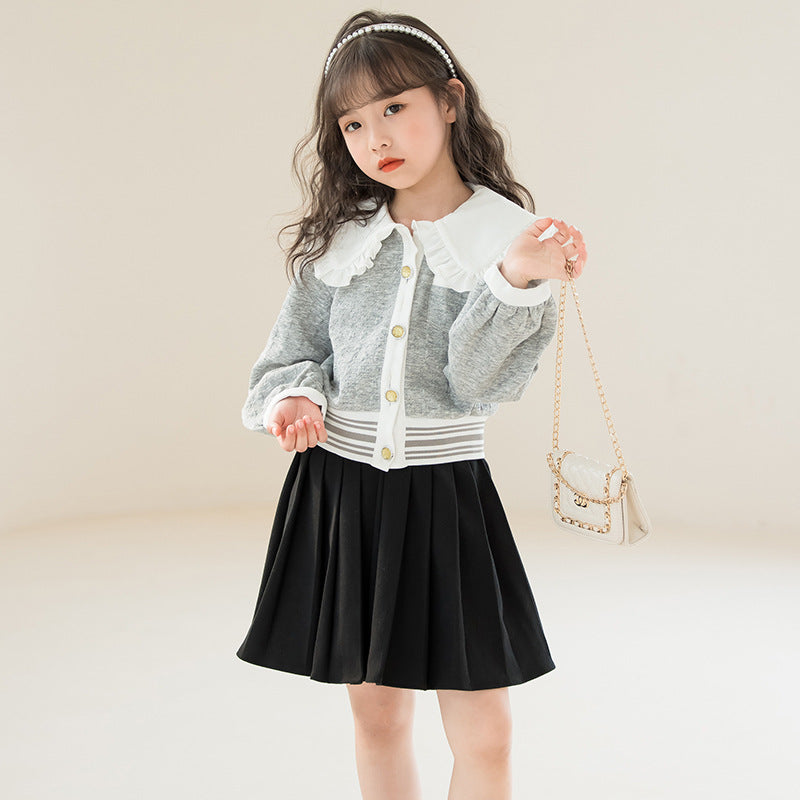 Girls Grey Colourblocked Cotton Top with Skirt