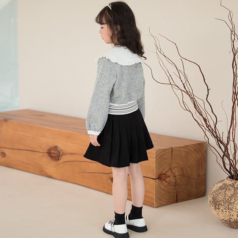 Girls Grey Colourblocked Cotton Top with Skirt