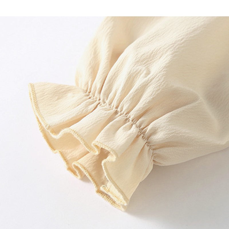 Girls Beige Puff Sleeve Bow Detailed Cotton A-Line Midi Dress