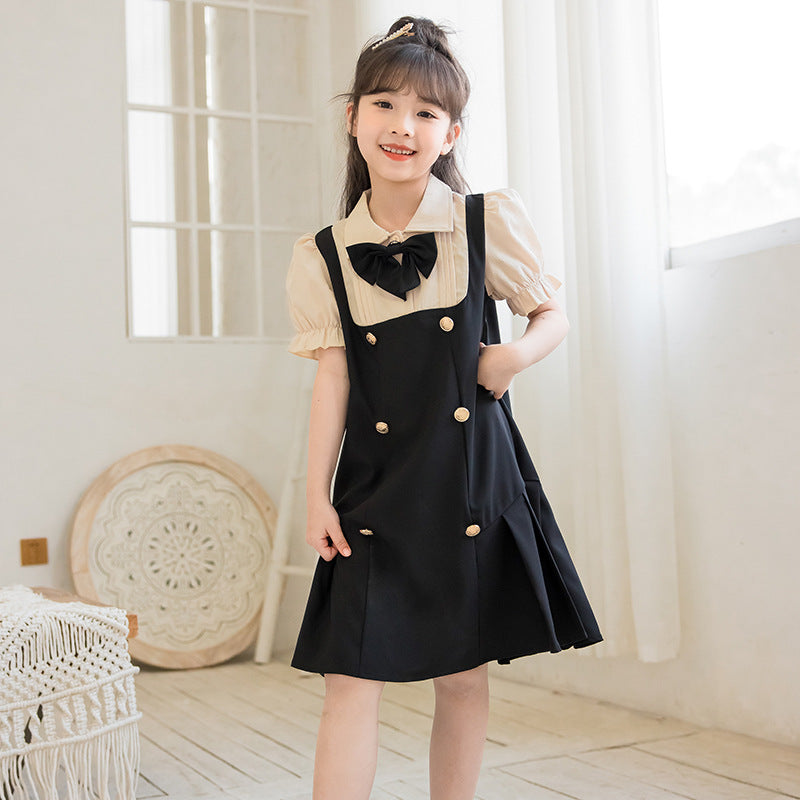 Girls Beige Puff Sleeve Bow Detailed Cotton A-Line Midi Dress