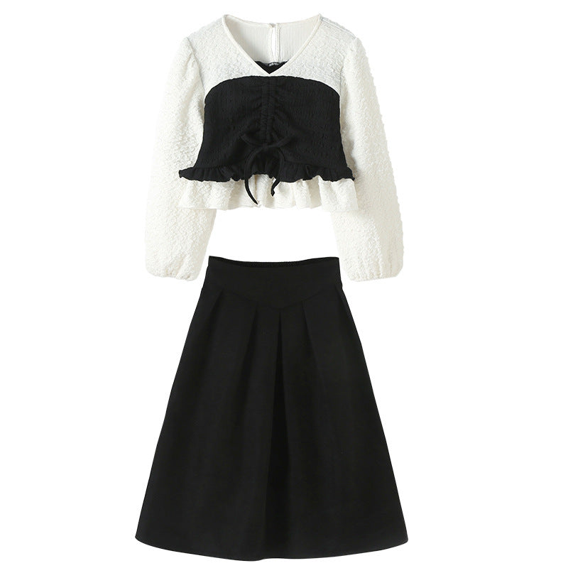 Girls Black Colourblocked Pure Cotton Top with Skirt