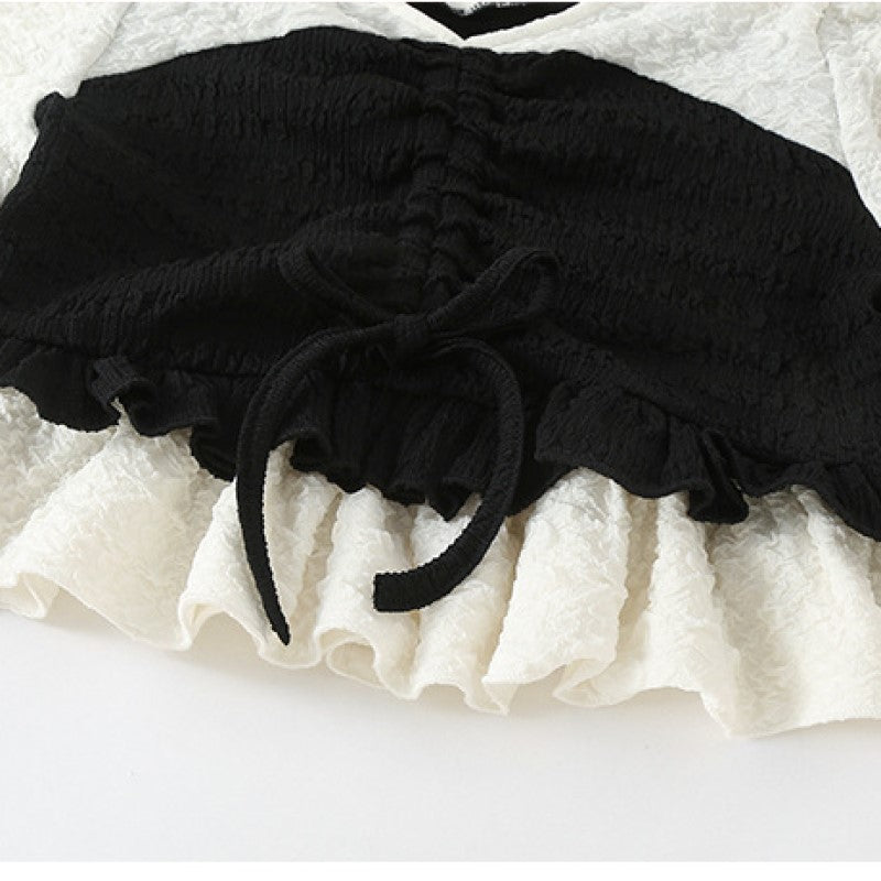 Girls Black Colourblocked Pure Cotton Top with Skirt