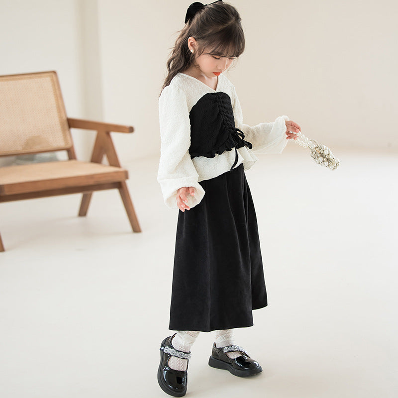 Girls Black Colourblocked Pure Cotton Top with Skirt