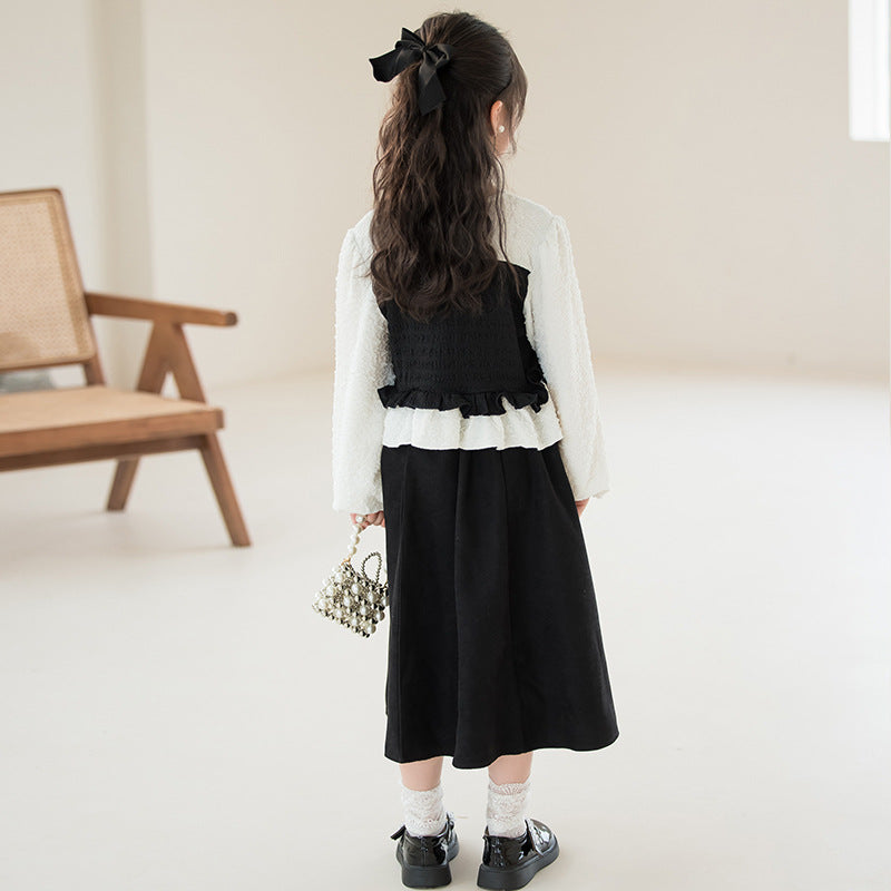 Girls Black Colourblocked Pure Cotton Top with Skirt