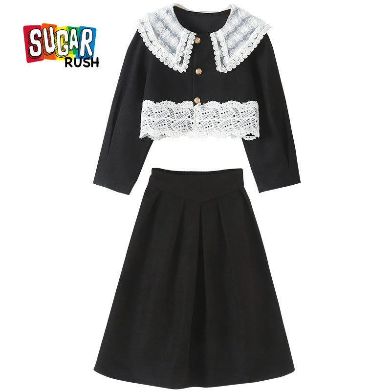 Girls Black Lace Insert Pure Cotton Top with Skirt