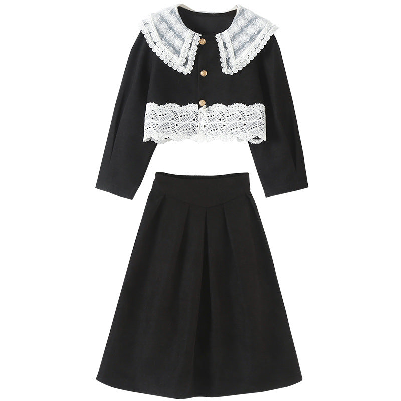 Girls Black Lace Insert Pure Cotton Top with Skirt