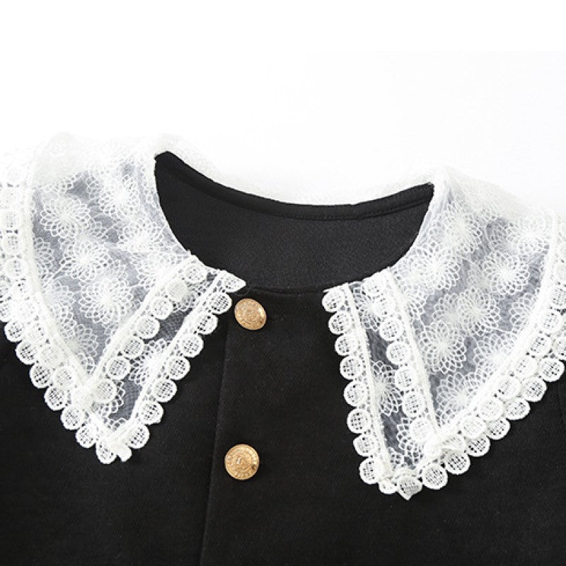 Girls Black Lace Insert Pure Cotton Top with Skirt