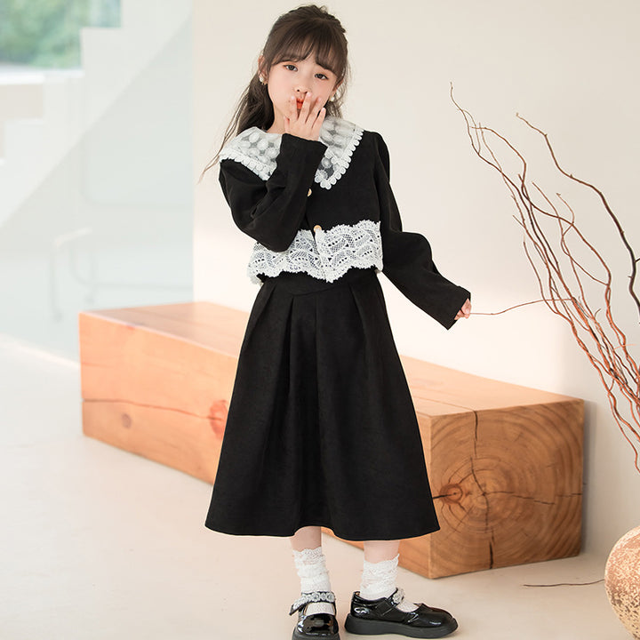 Girls Black Lace Insert Pure Cotton Top with Skirt