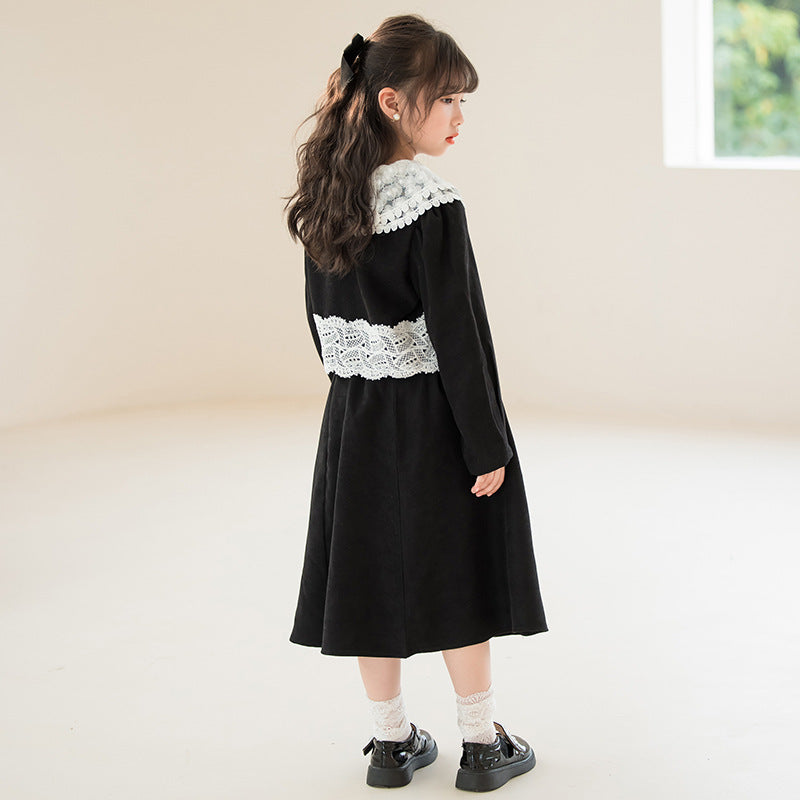 Girls Black Lace Insert Pure Cotton Top with Skirt