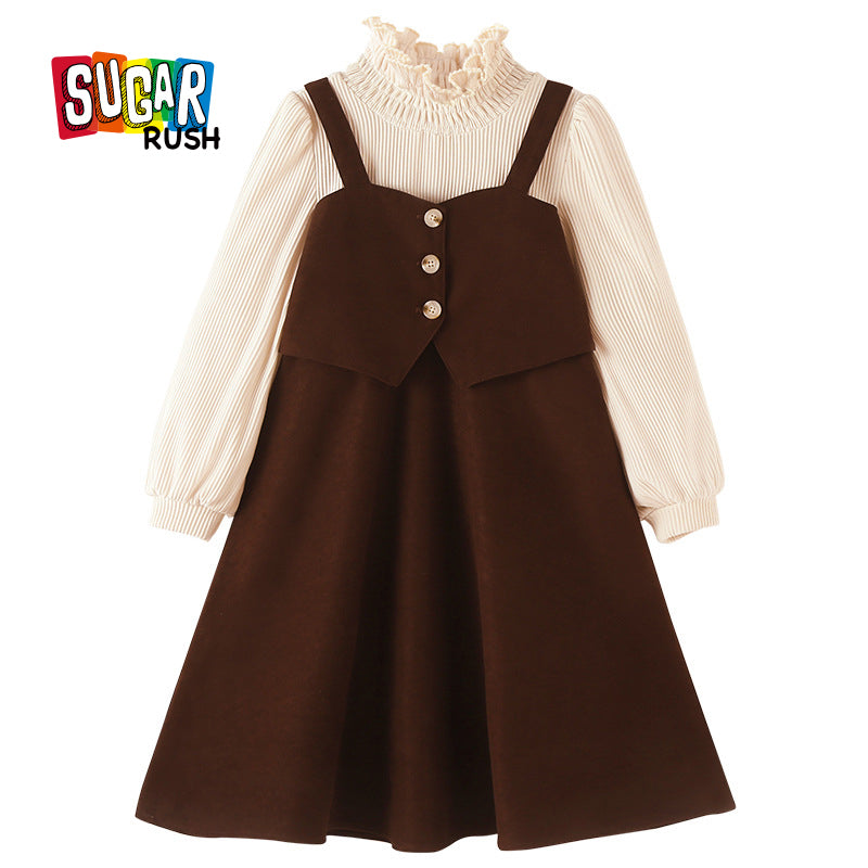Brown Shoulder Strap Cotton Pinafore Midi Dress