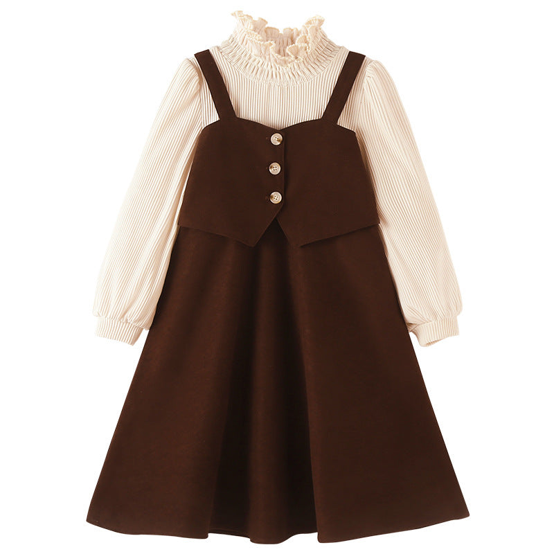 Brown Shoulder Strap Cotton Pinafore Midi Dress