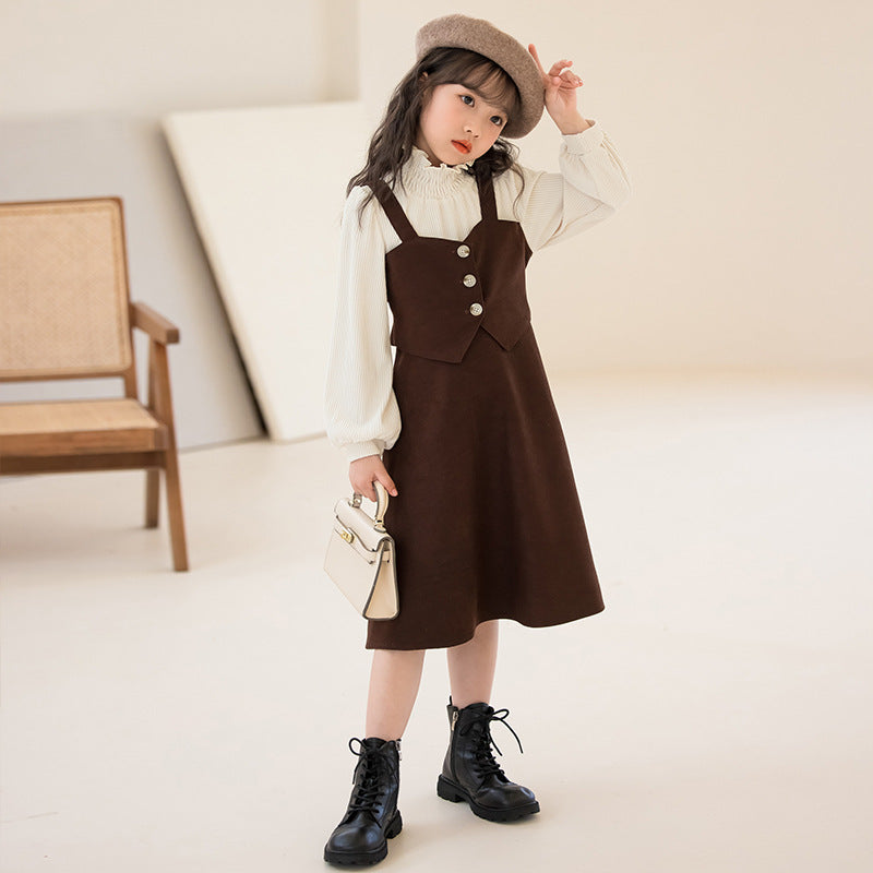 Brown Shoulder Strap Cotton Pinafore Midi Dress