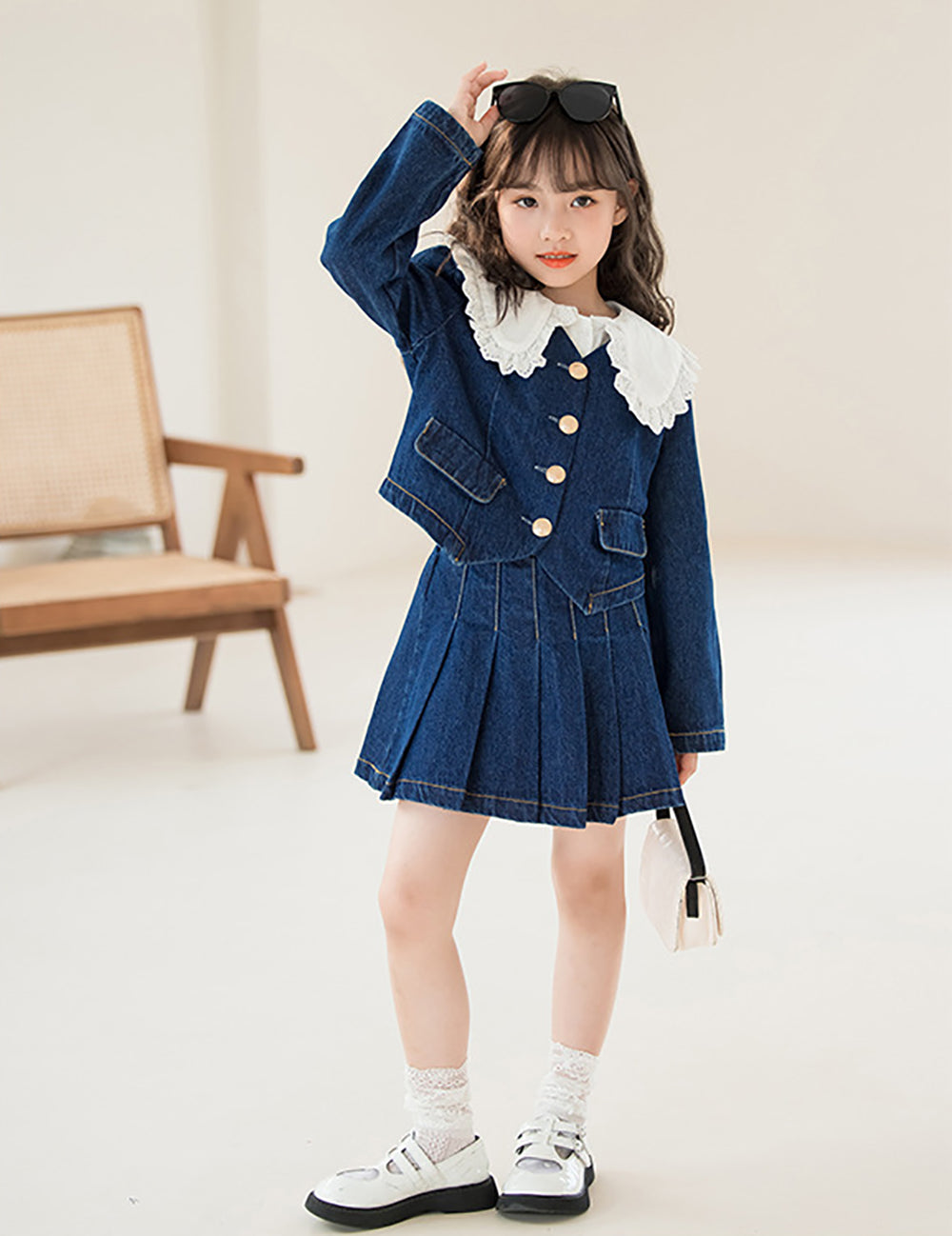 Blue & White Girls Top with Skirt