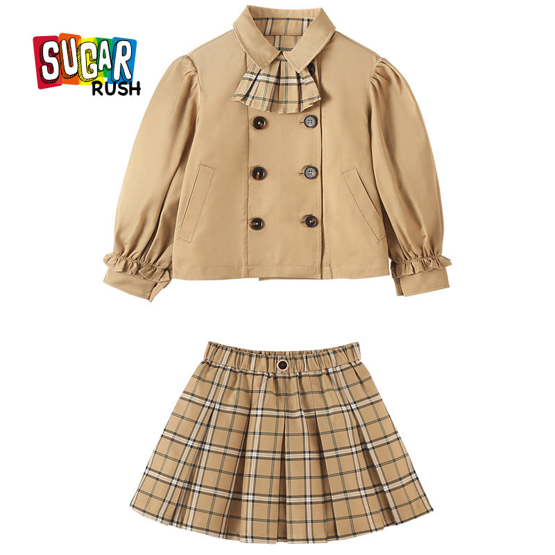 Girls Khaki Checked Shirt With Skirt