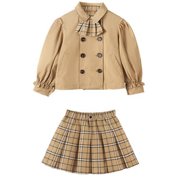 Girls Khaki Checked Shirt With Skirt