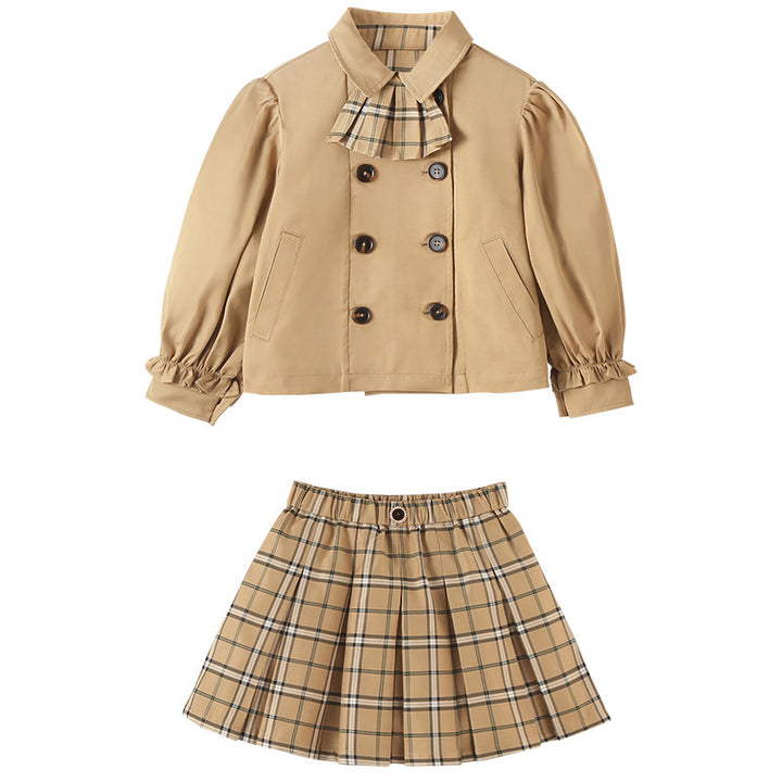 Girls Khaki Checked Shirt With Skirt