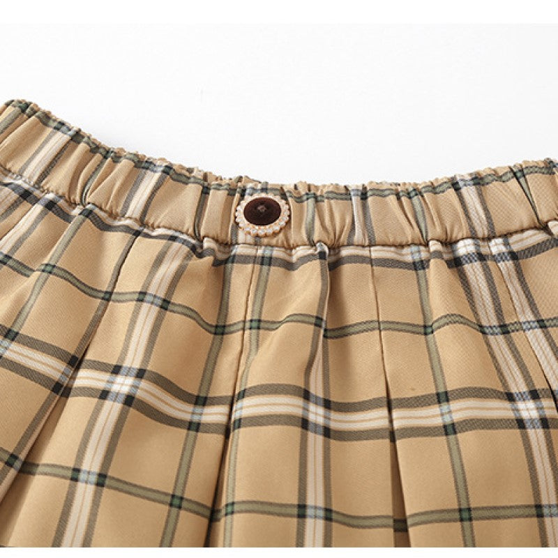 Girls Khaki Checked Shirt With Skirt