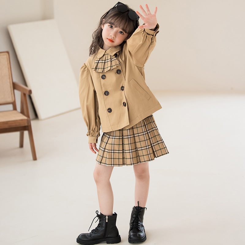 Girls Khaki Checked Shirt With Skirt