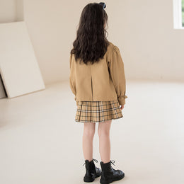 Girls Khaki Checked Shirt With Skirt